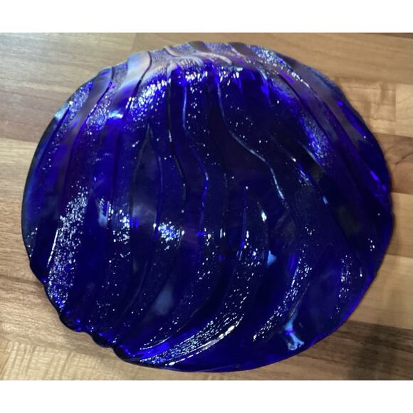 2 Vintage Cobalt Blue Glass Bowls IVV Textured Wavy Stripes Round Ocean 8.5” - Picture 10 of 10